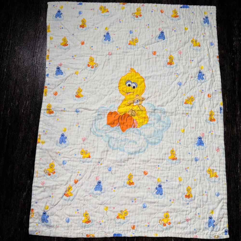 Sesame Street Baby Quilt Vintage Big Bird Cookie Monster White 43x32 Blanket
